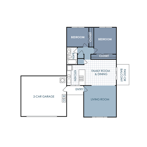 Floor plan for 2 beds, 1 bath, 989 sqft